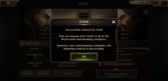 "Successfully enlisted for a duel"